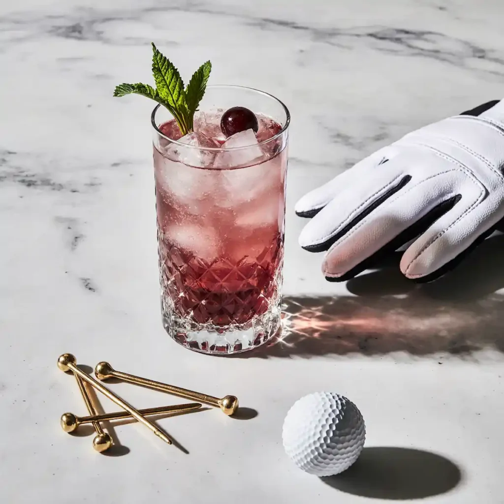 Transfusion cocktail placed next to modern golf accessories