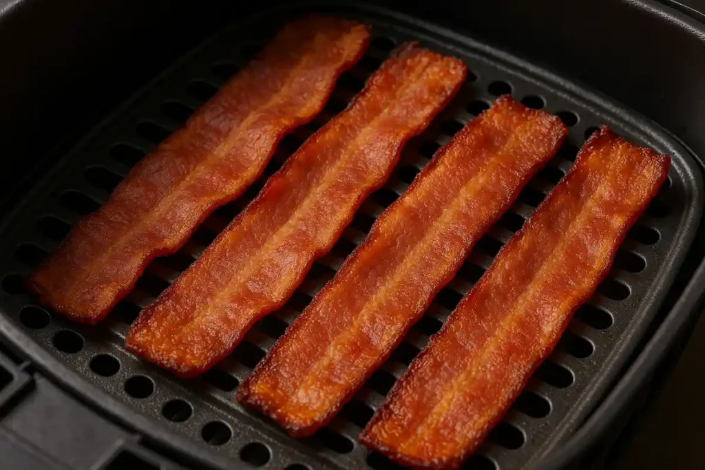 Crispy turkey bacon in air fryer basket