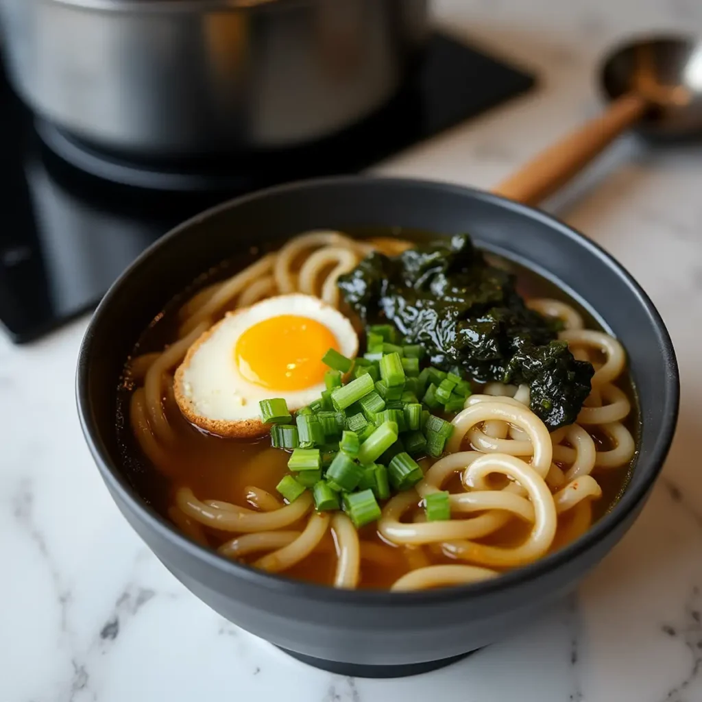 Japanese Udon soup served in black ceramic bowl with fresh toppings