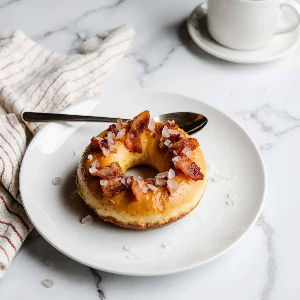 Maple bacon donut topped with sea salt on modern serveware