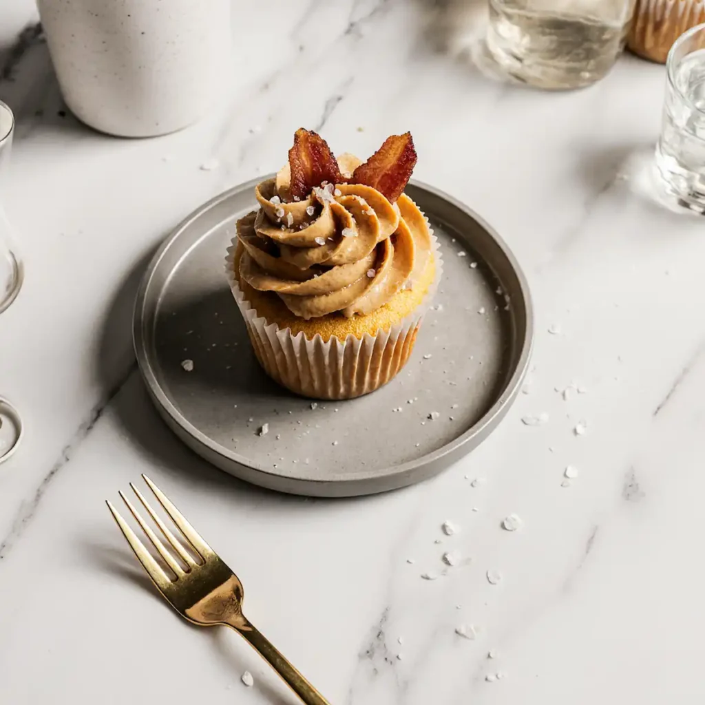 Peanut butter and bacon cupcake with sea salt topping
