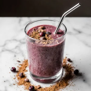 Prizmatem Smoothie in clear glass with cinnamon and berries