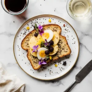 Toastul topped with fresh fruit and edible flowers