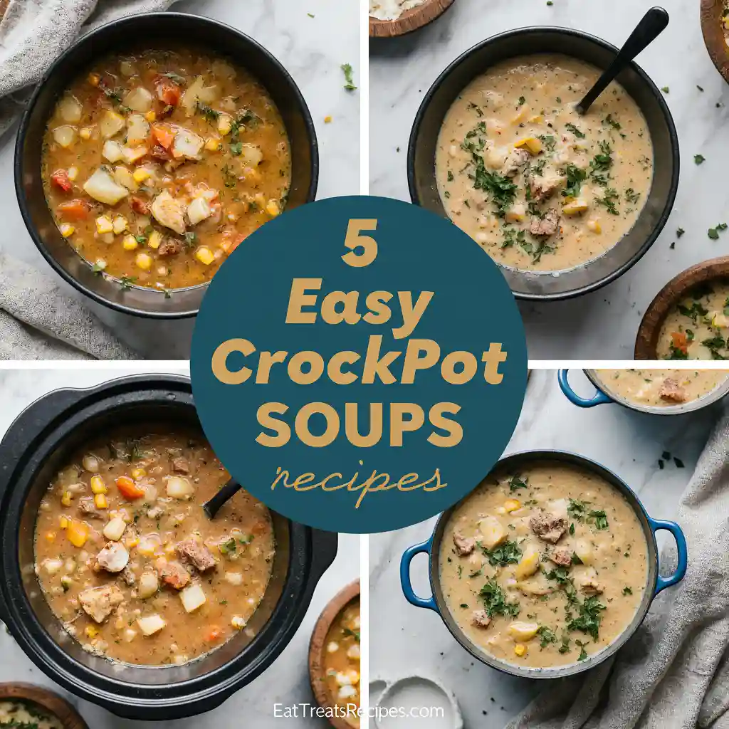 Easy crockpot soup recipes collage on white marble