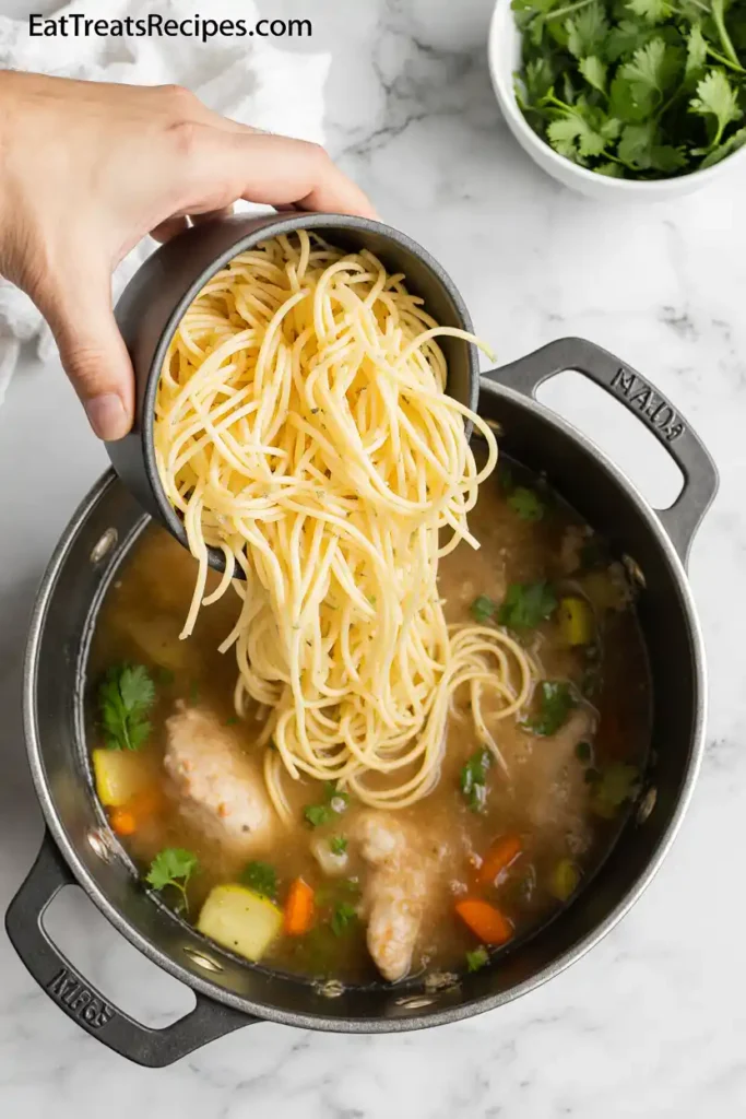 Adding egg noodles into simmering chicken broth