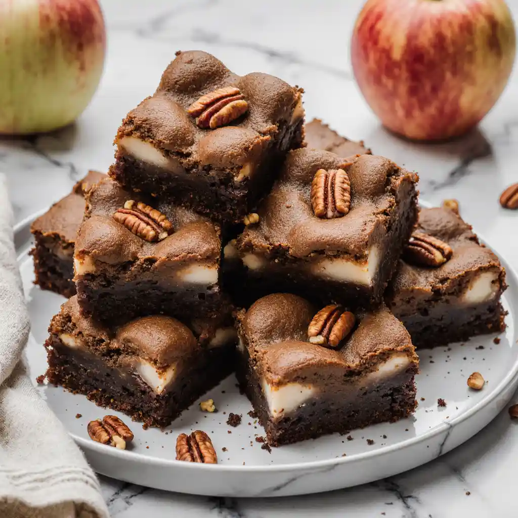 Apple Brownies on white marble plate with apple slices