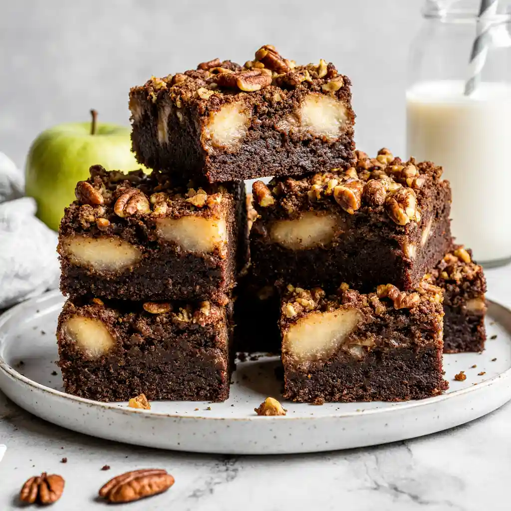 Apple Brownies on white marble plate with apple slices
