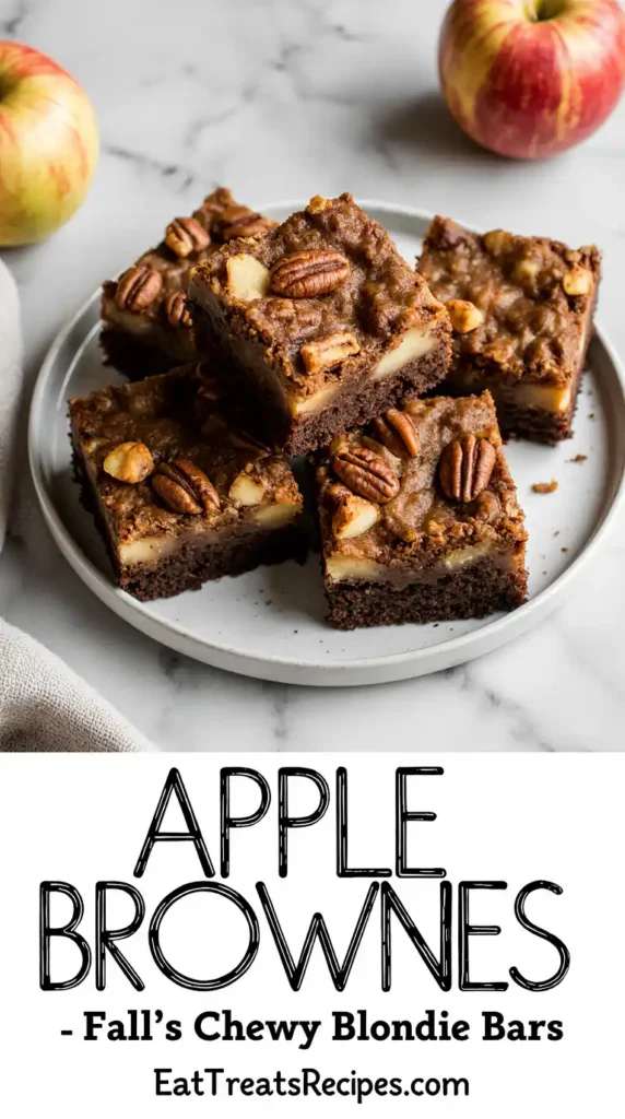 Apple Brownies on white marble plate with apple slices