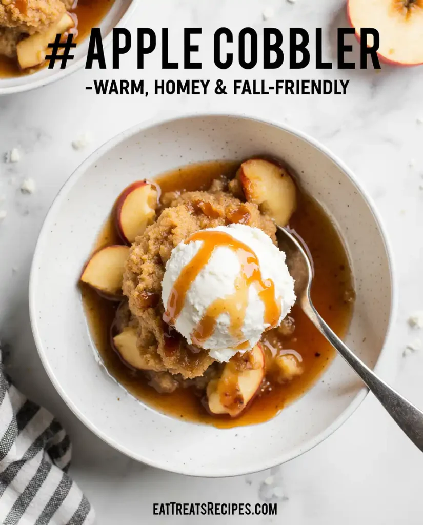 Apple Cobbler in baking dish on white marble
