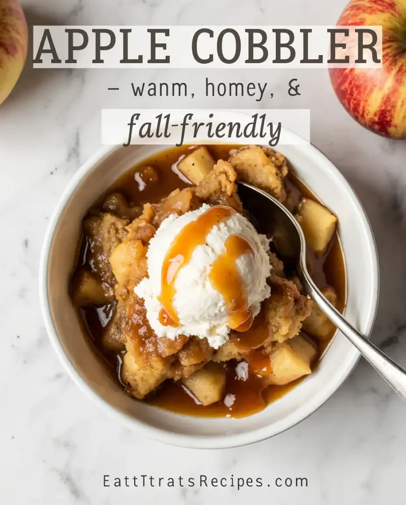 Apple Cobbler in baking dish on white marble