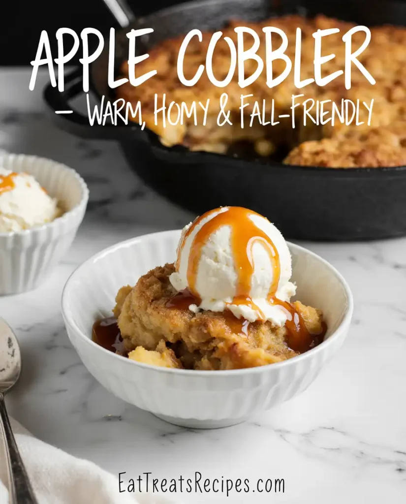 Apple Cobbler in baking dish on white marble