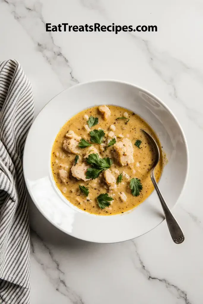 Bowl of chicken and rice soup served with parsley garnish