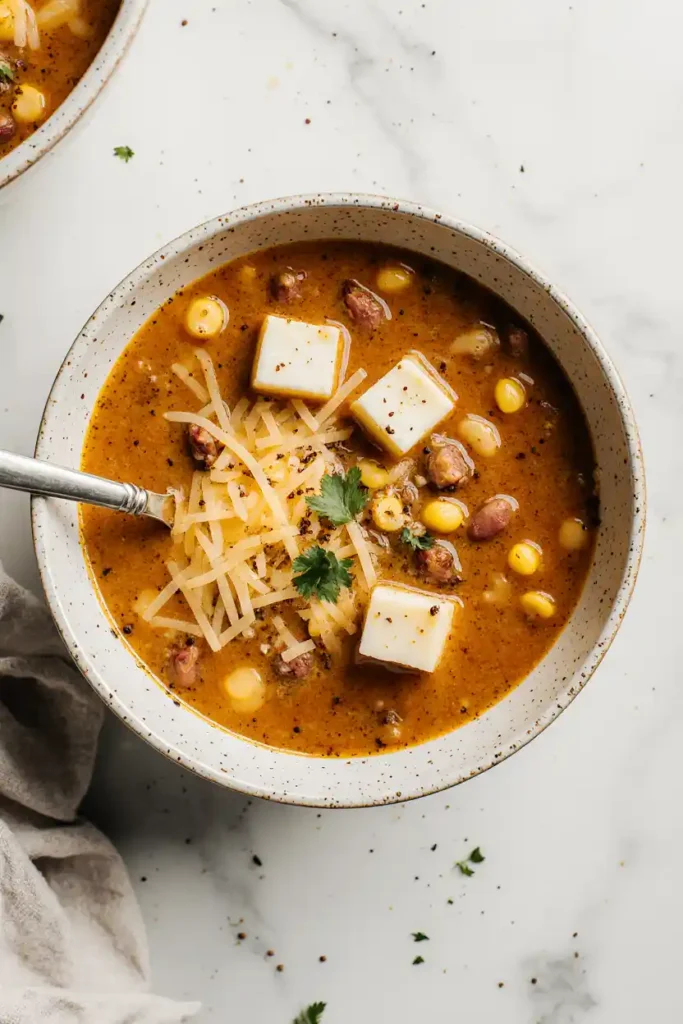 Bowl of cheesy taco soup with avocado and cilantro