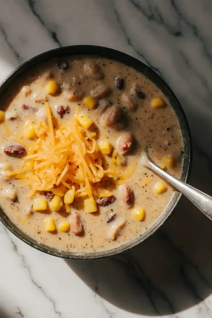 Close-up of creamy taco soup with melted cheese
