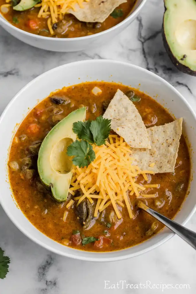 Bowl of cheesy taco soup with toppings