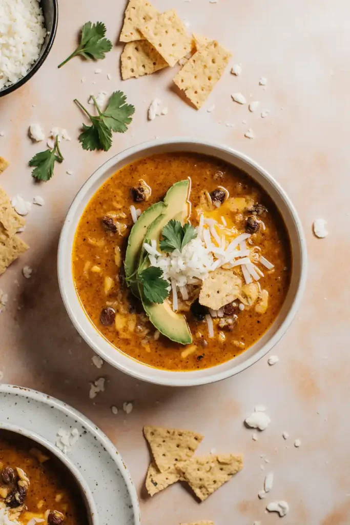 Bowl of cheesy taco soup with toppings
