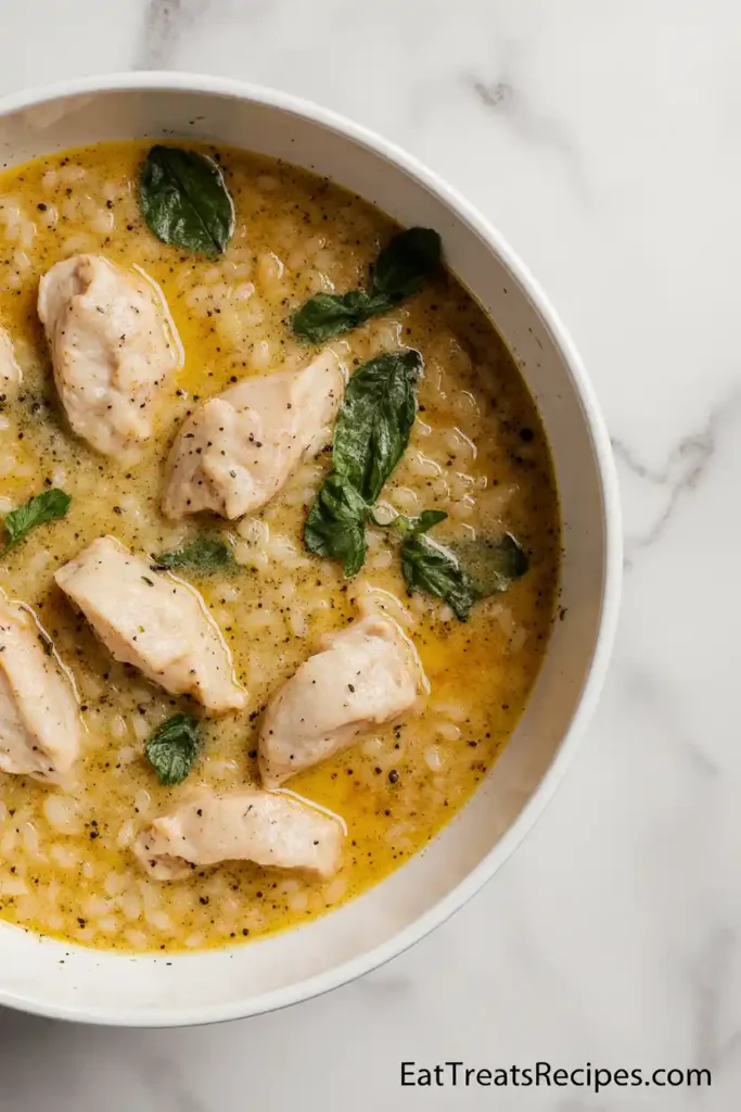 Close-up of chicken and rice soup with shredded chicken