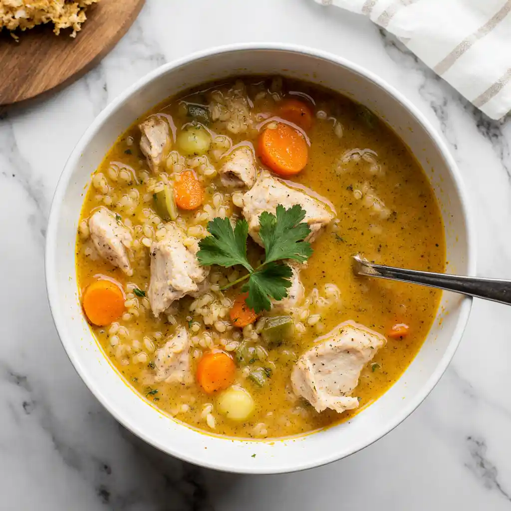 Bowl of chicken and rice soup with vegetables and parsley
