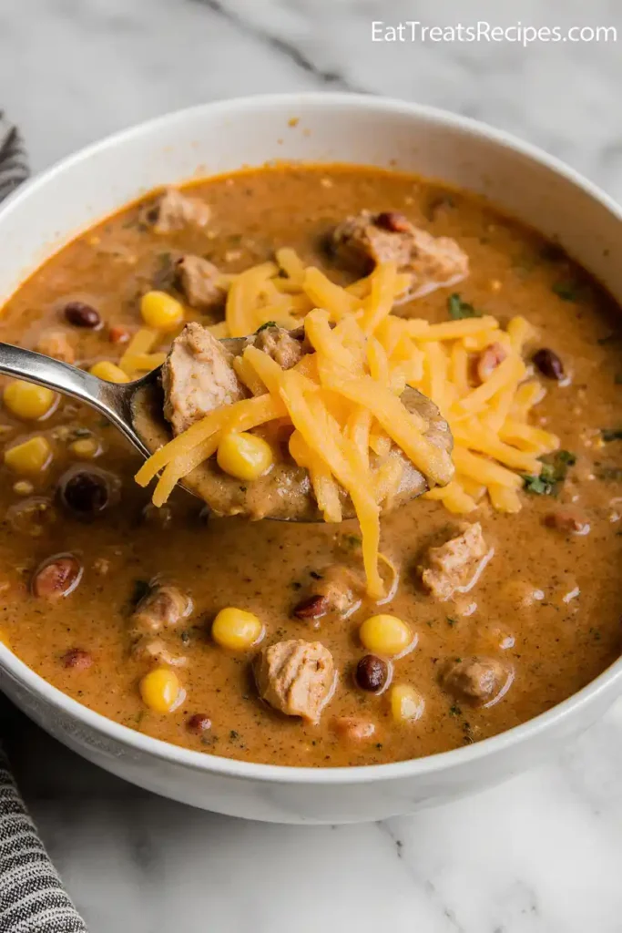 Close-up of creamy chicken taco soup