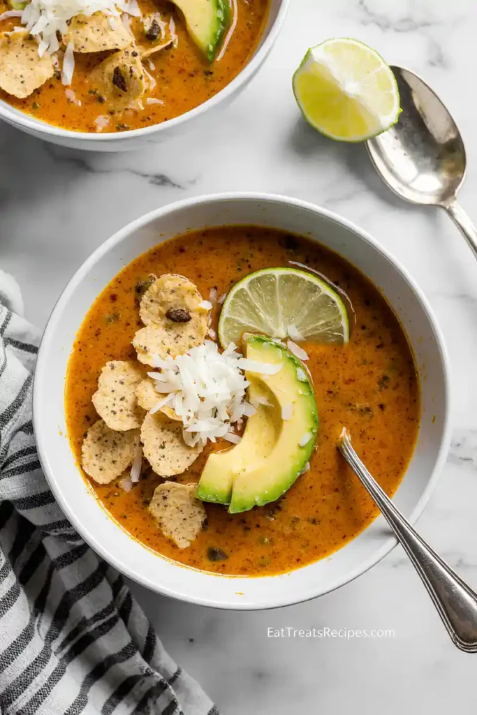 Bowl of creamy taco soup with toppings and lime