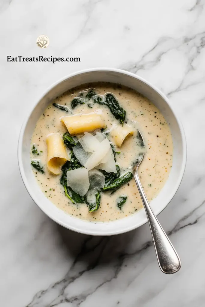 Bowl of creamy white lasagna soup topped with spinach and Parmesan