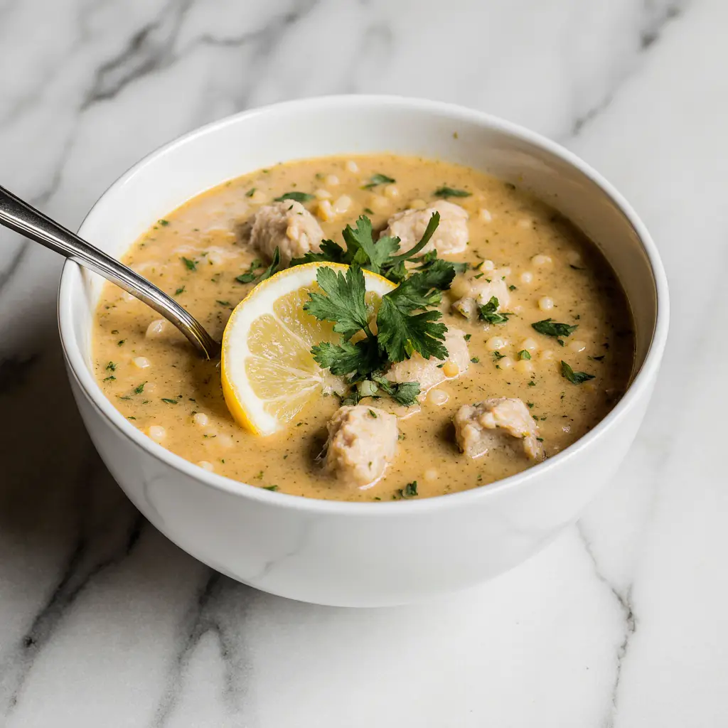 Bowl of lemon chicken orzo soup with lemon slice and parsley