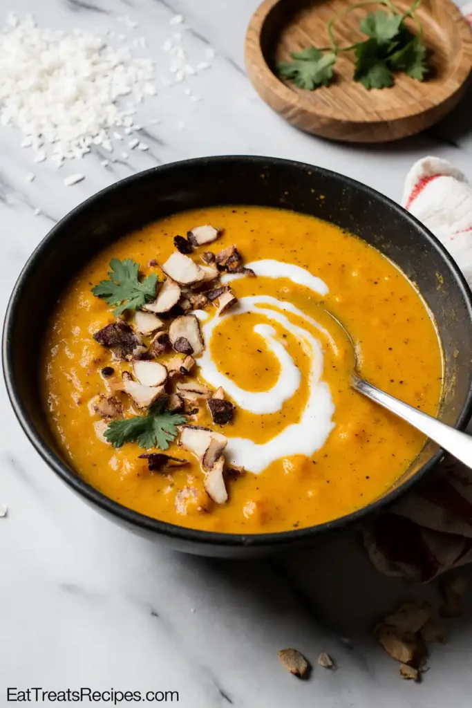 Bowl of creamy pumpkin soup with coconut swirl