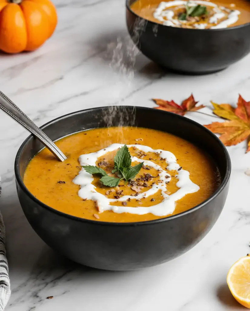 Bowl of roasted pumpkin soup with coconut cream drizzle