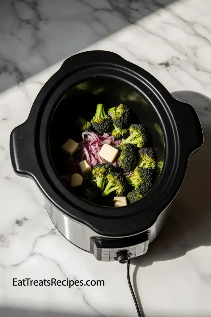 Broccoli, onion, and garlic in a white crockpot