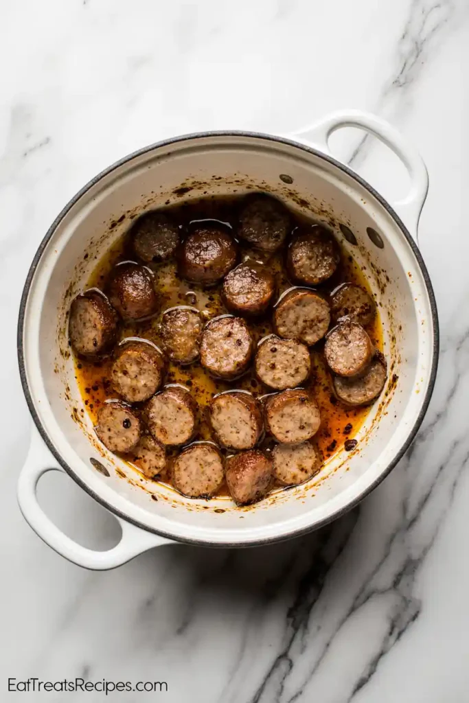 Italian sausage browning in a white pot with marble background
