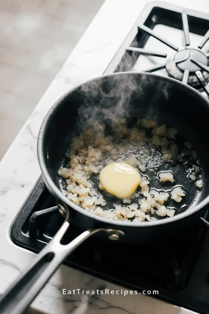 Onions and garlic sizzling in butter inside a white pot on marble background