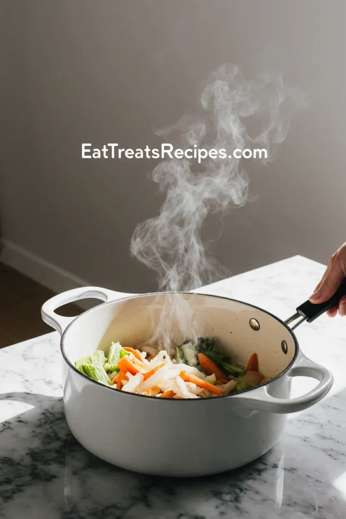 Onions, carrots, and celery sautéing in olive oil inside a white pot