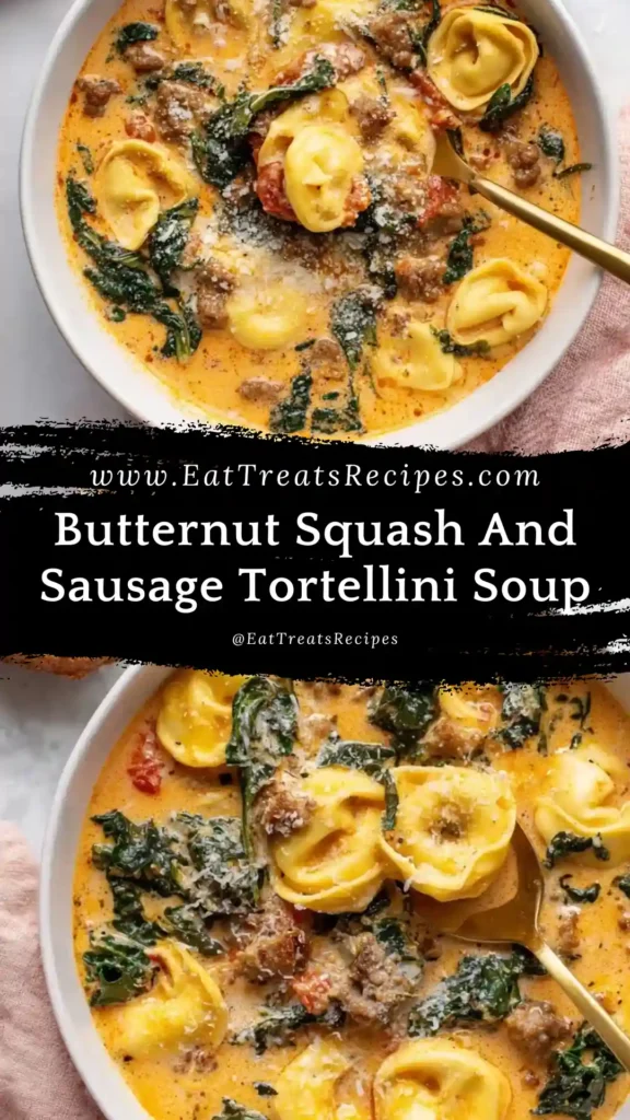 Butternut Squash & Sausage Tortellini Soup in bowl on white marble