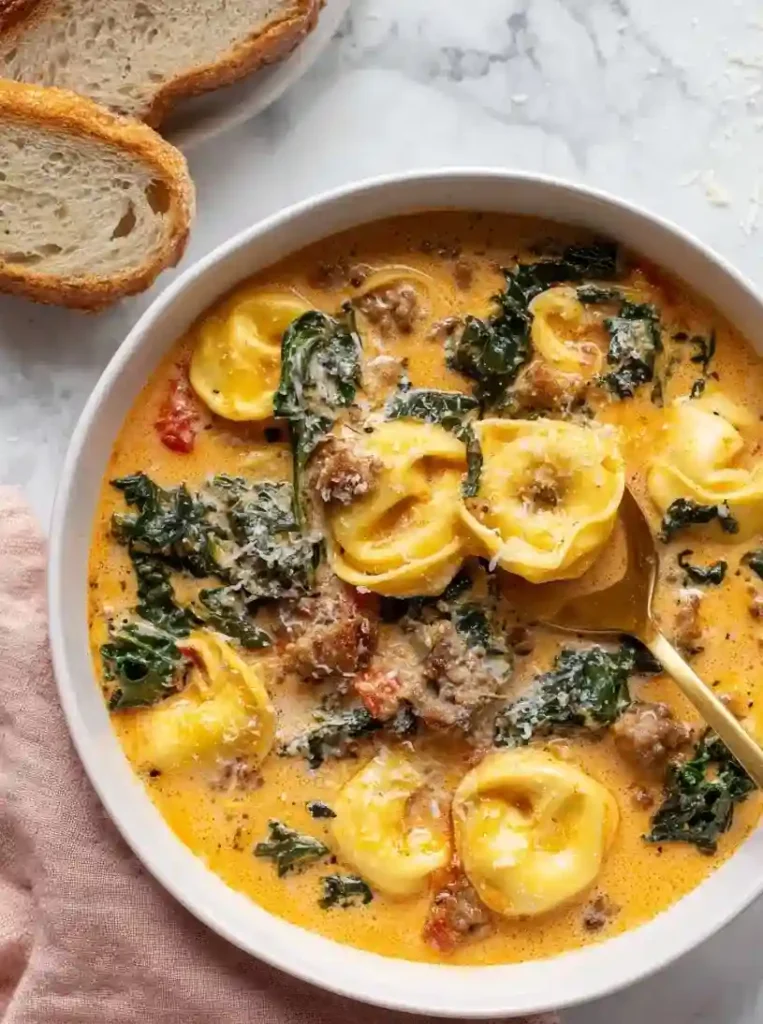 Butternut Squash & Sausage Tortellini Soup in bowl on white marble