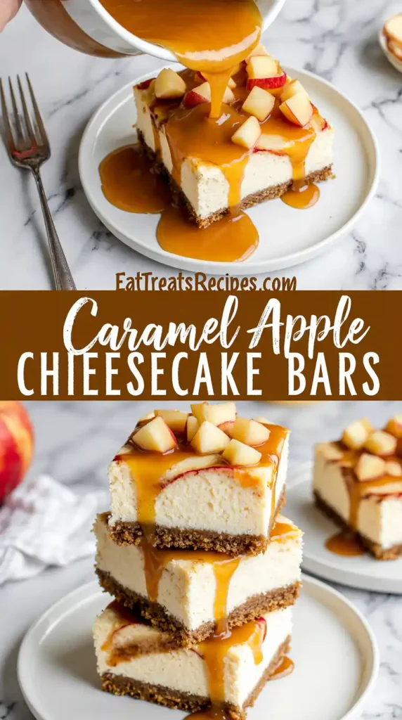 Caramel Apple Cheesecake Bars stack on white marble
