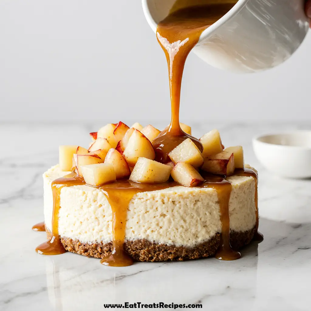 Caramel Apple Cheesecake Bars stack on white marble