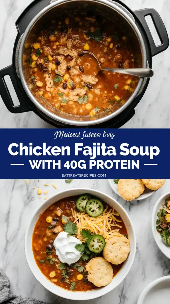 Chicken Fajita Soup With 40G Protein in bowl on white marble