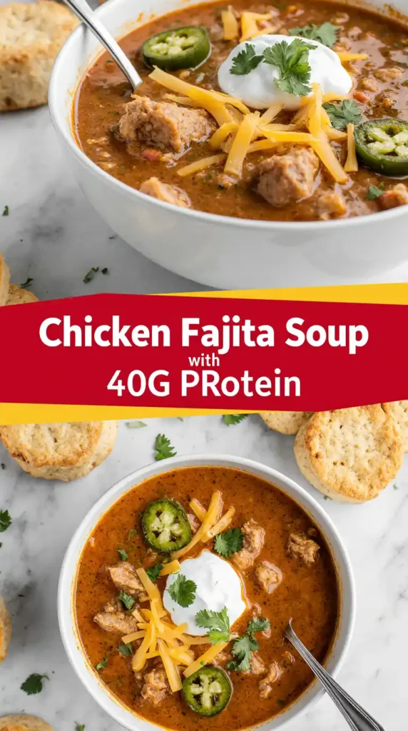 Chicken Fajita Soup With 40G Protein in bowl on white marble