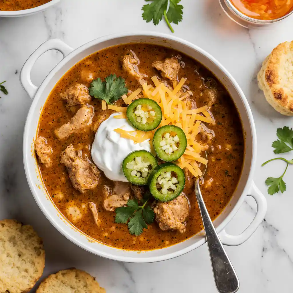 Chicken Fajita Soup With 40G Protein in bowl on white marble