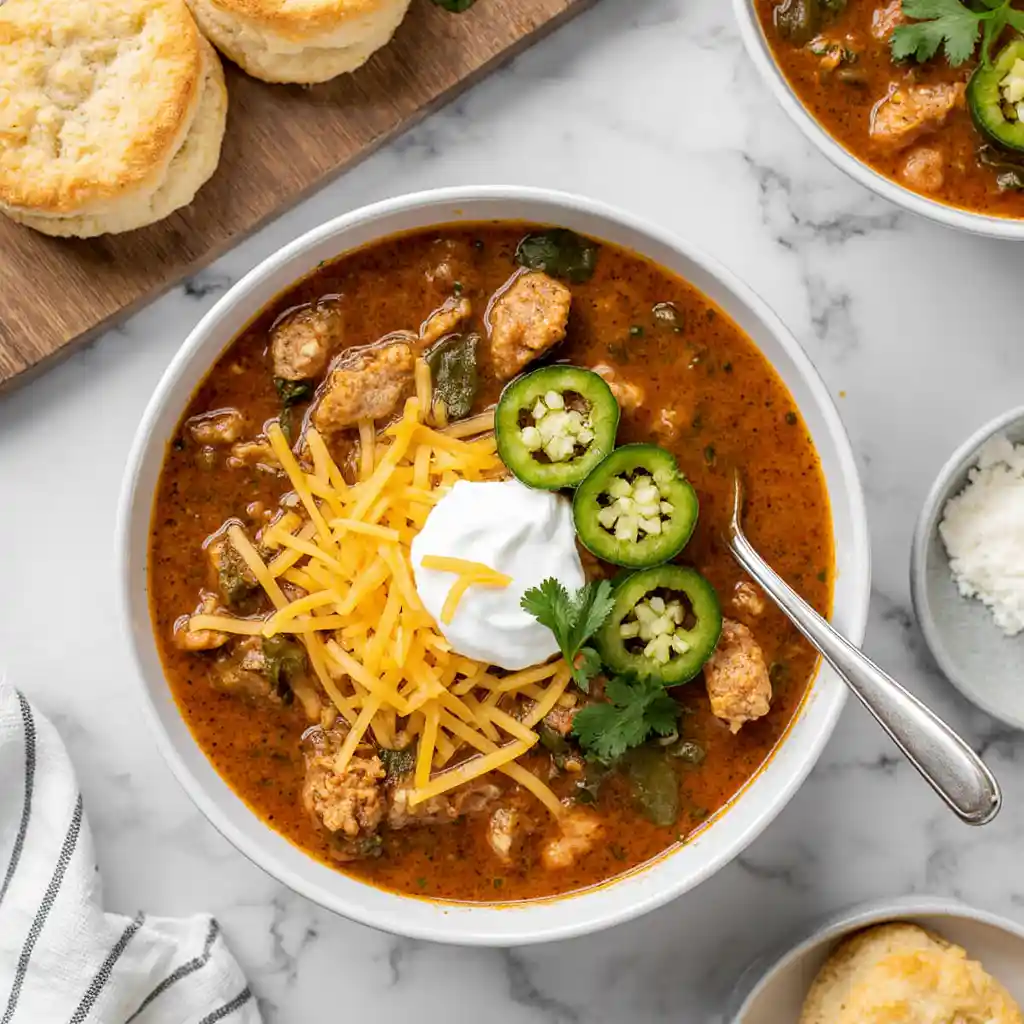 Chicken Fajita Soup With 40G Protein in bowl on white marble