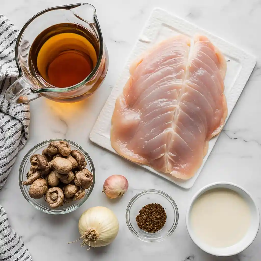 Ingredients for Chicken Mushroom Soup With 55G Protein on white marble