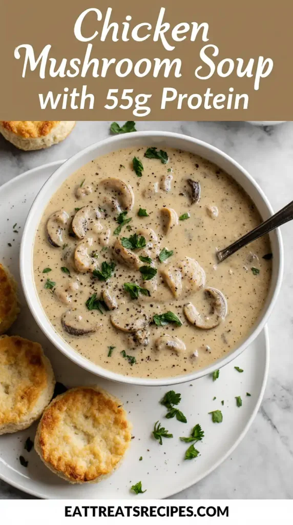 Chicken Mushroom Soup With 55G Protein on white marble
