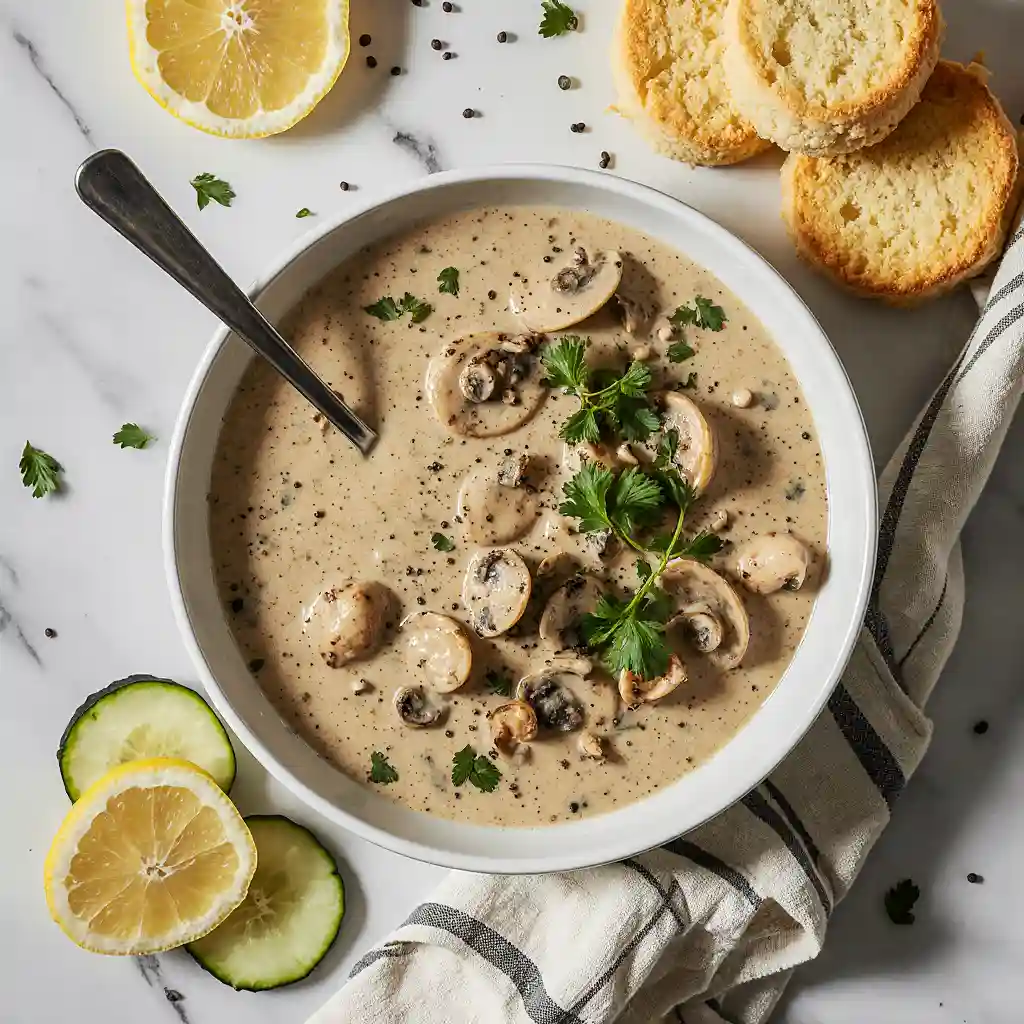 Chicken Mushroom Soup With 55G Protein on white marble