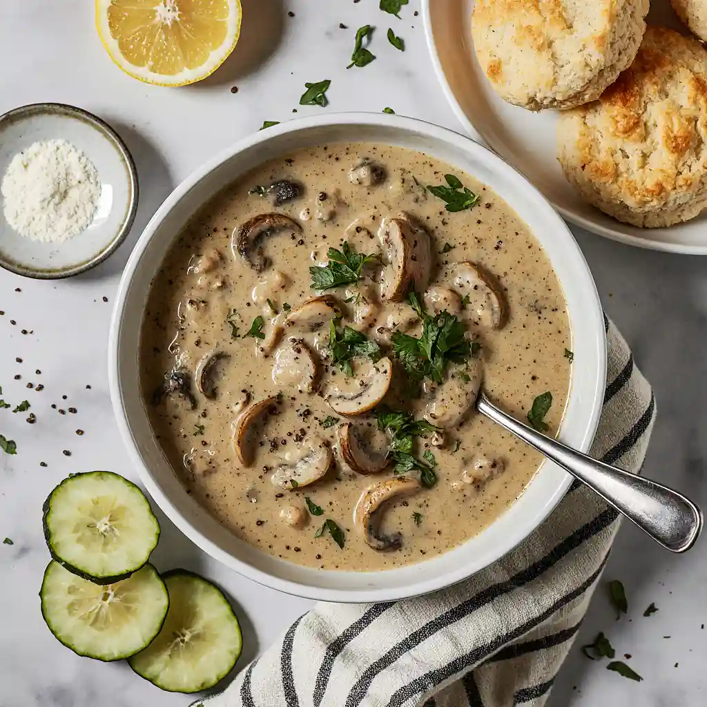 Chicken Mushroom Soup With 55G Protein on white marble