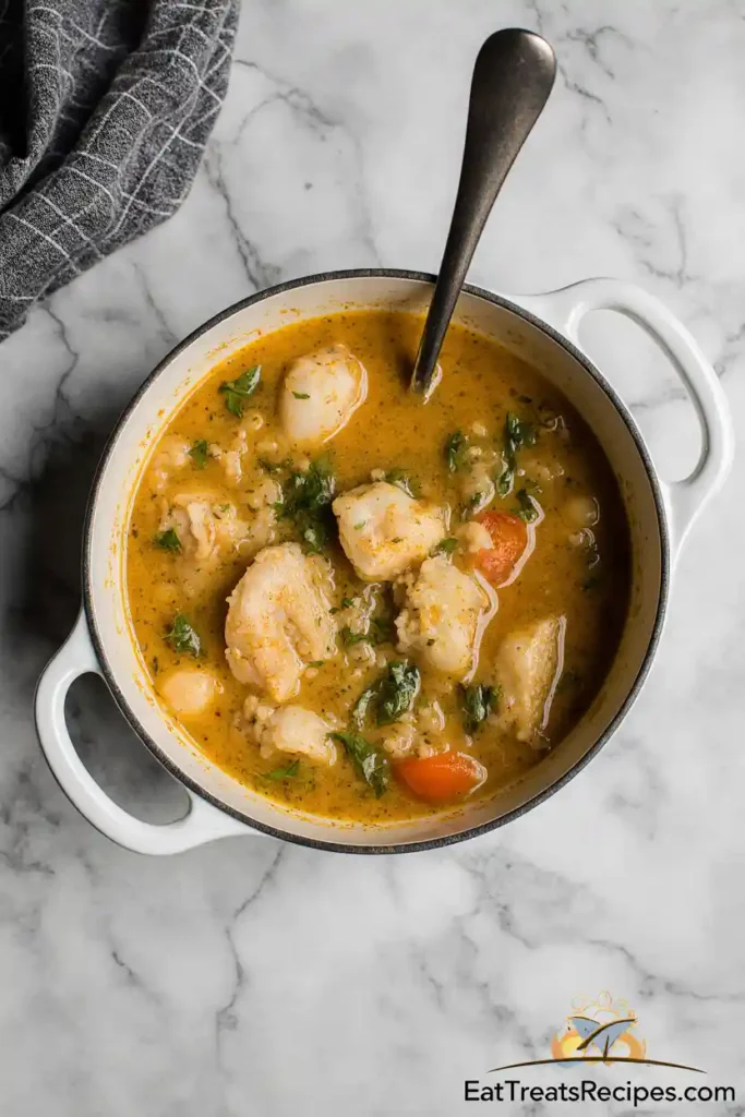 Chicken, rice, and vegetables simmering in golden broth