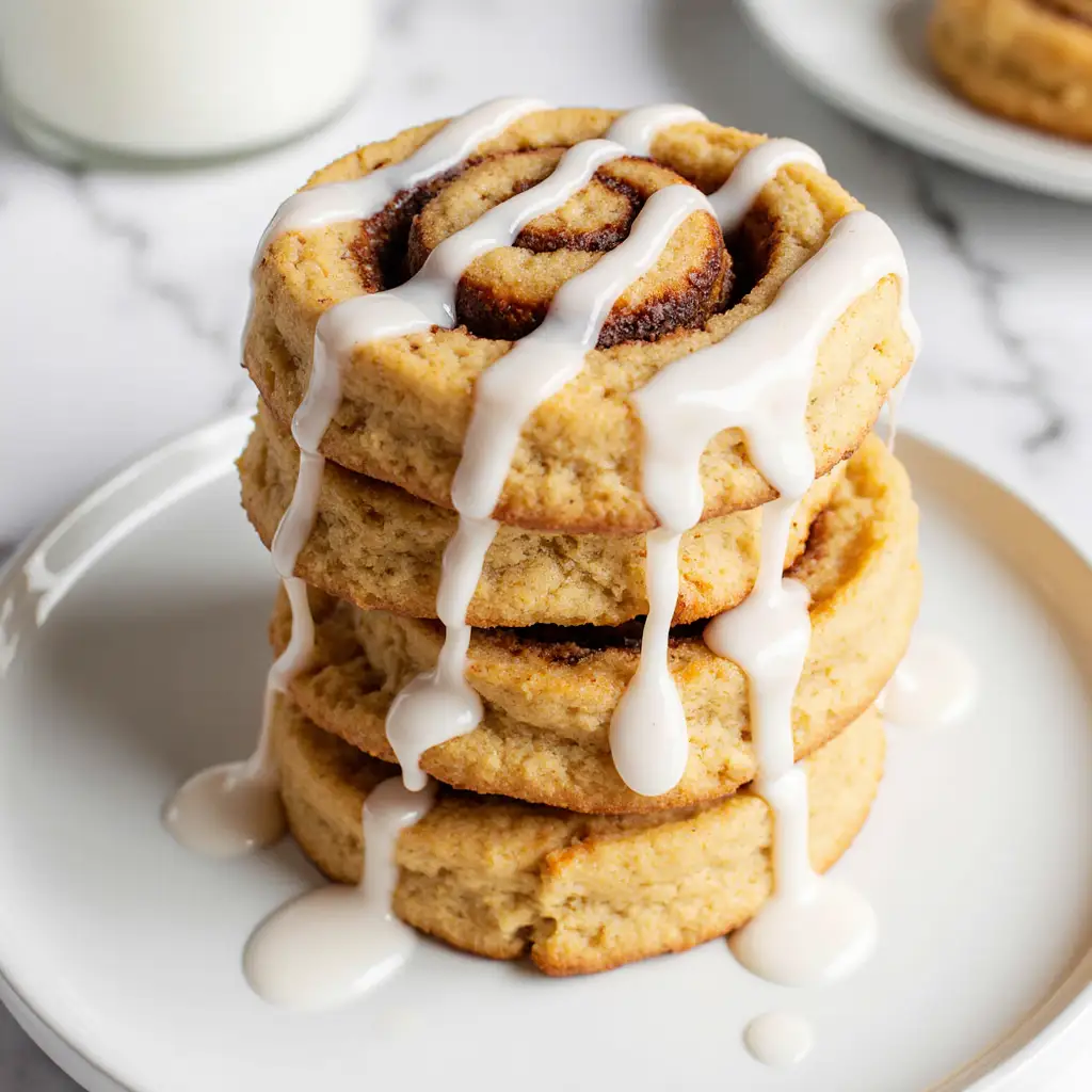 Cinnamon Roll Cookies on white plate with glaze drizzle