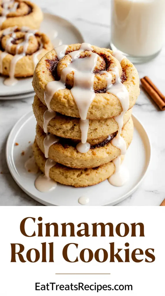 Cinnamon Roll Cookies on white plate with glaze drizzle