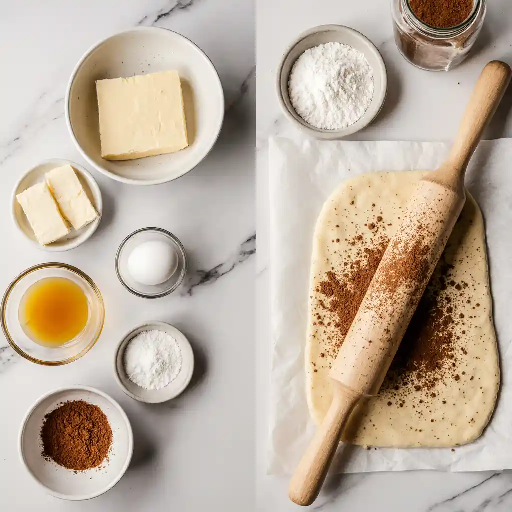 Ingredients for Cinnamon Roll Cookies on white marble