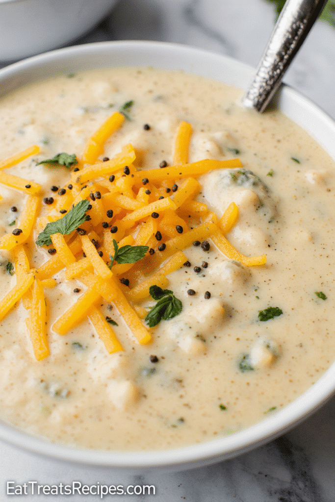 Close-up of cheddar garlic herb potato soup showing melted cheese, herbs, and pepper