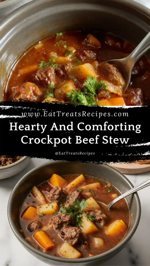 Comforting Crockpot Beef Stew in bowl on white marble
